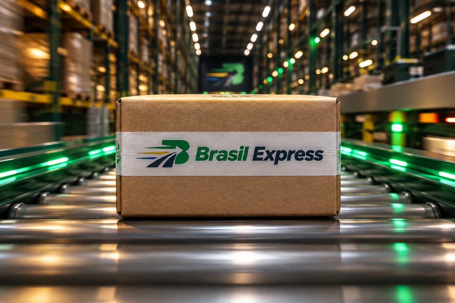 Encomenda Brasil Express em uma esteira logística iluminada